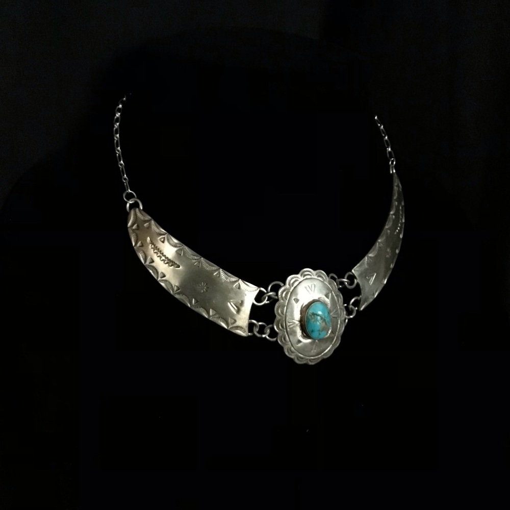Vintage sterling silver Turquoise Concho Necklace - Picture 6 of 14